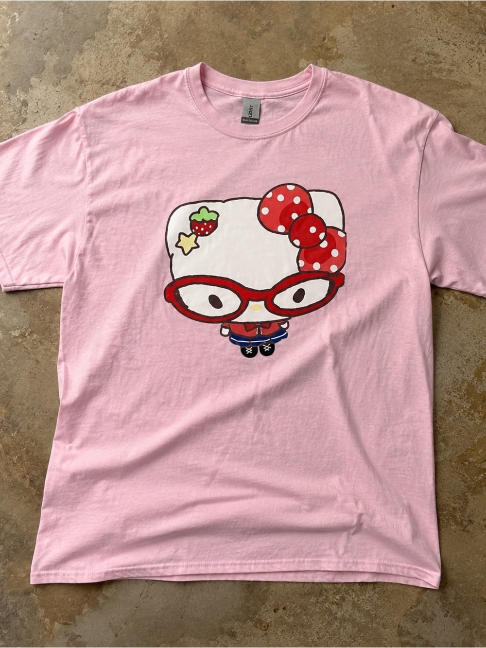 Gildan Pink Short Sleeve Tee with Red Graphic Bow and Glasses
